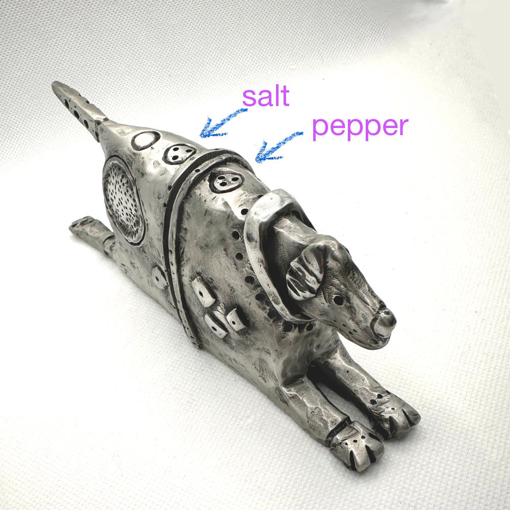 A diagram showing the holes in Roger, indicating where the salt or pepper would come out of.